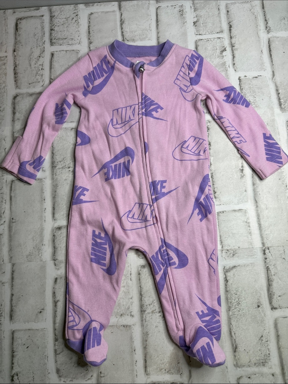 Nike Pink and Purple Logo Footed One-Piece